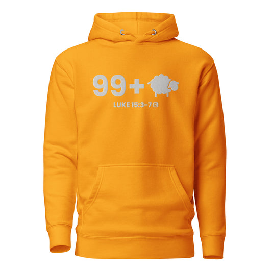golden yellow pullover hoodie with a white graphic on the chest reading '99+' next to a sheep silhouette and 'LUKE 15:3-7' below it
