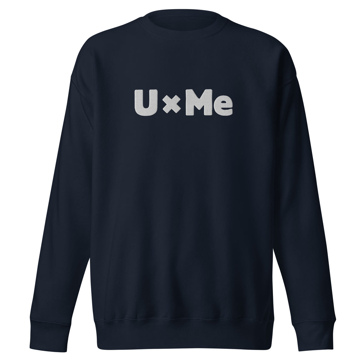 A navy crew neck sweatshirt with the text 'UxMe' embroidered in bold white letters across the chest