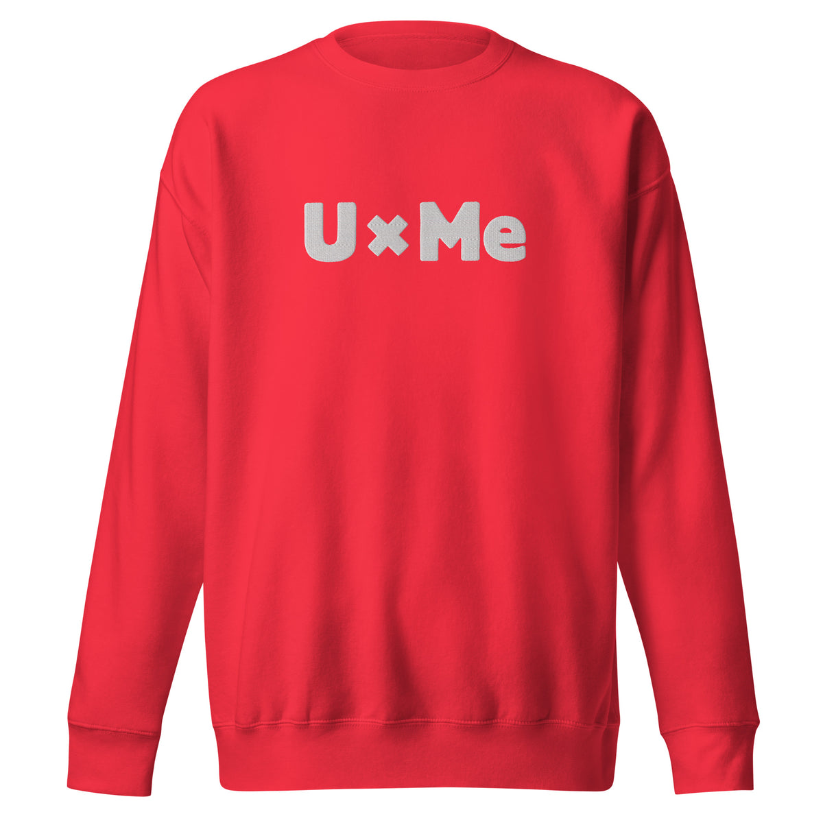 A red crew neck sweatshirt with the text 'UxMe' embroidered in bold white letters across the chest