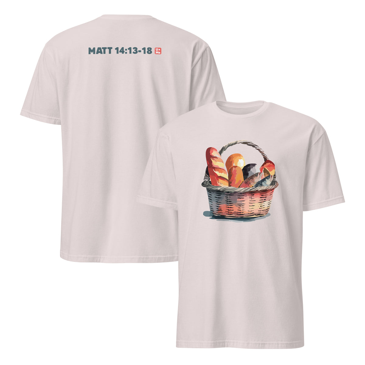 An ice grey crewneck t-shirt shown from both front and back. The back features the text 'MATT 14:13-18' in a muted teal font with a small red square accent.