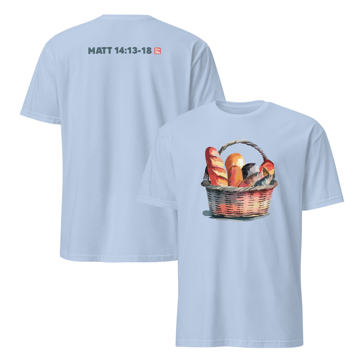 A light blue short-sleeve t-shirt shown from both front and back. The back features the text 'MATT 14:13-18' in dark gray with a small red cross icon.