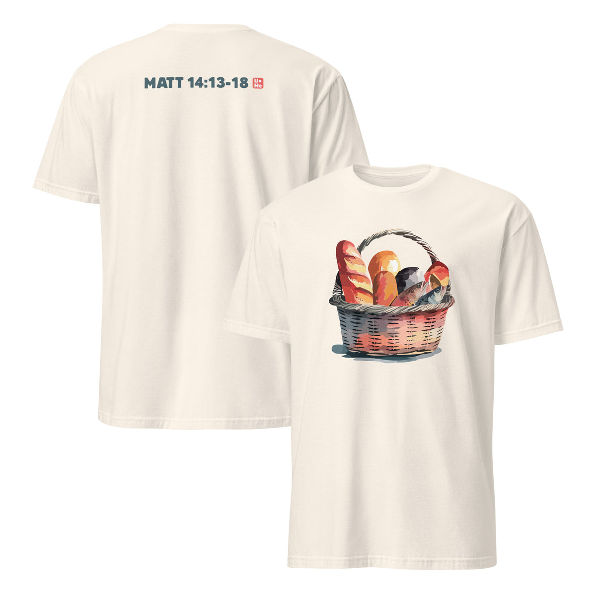 Two cream-coloured t-shirts shown against a white background, displaying the front and back designs. The back of the shirt features the text 'MATT 14:13-18' in dark blue with a small red square icon.