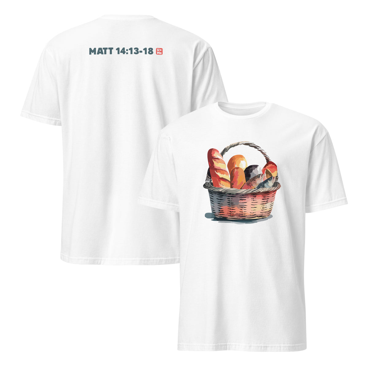 White short-sleeve crewneck t-shirt shown from both front and back. The front features a colorful graphic of a wicker basket filled with bread loaves and a two fish