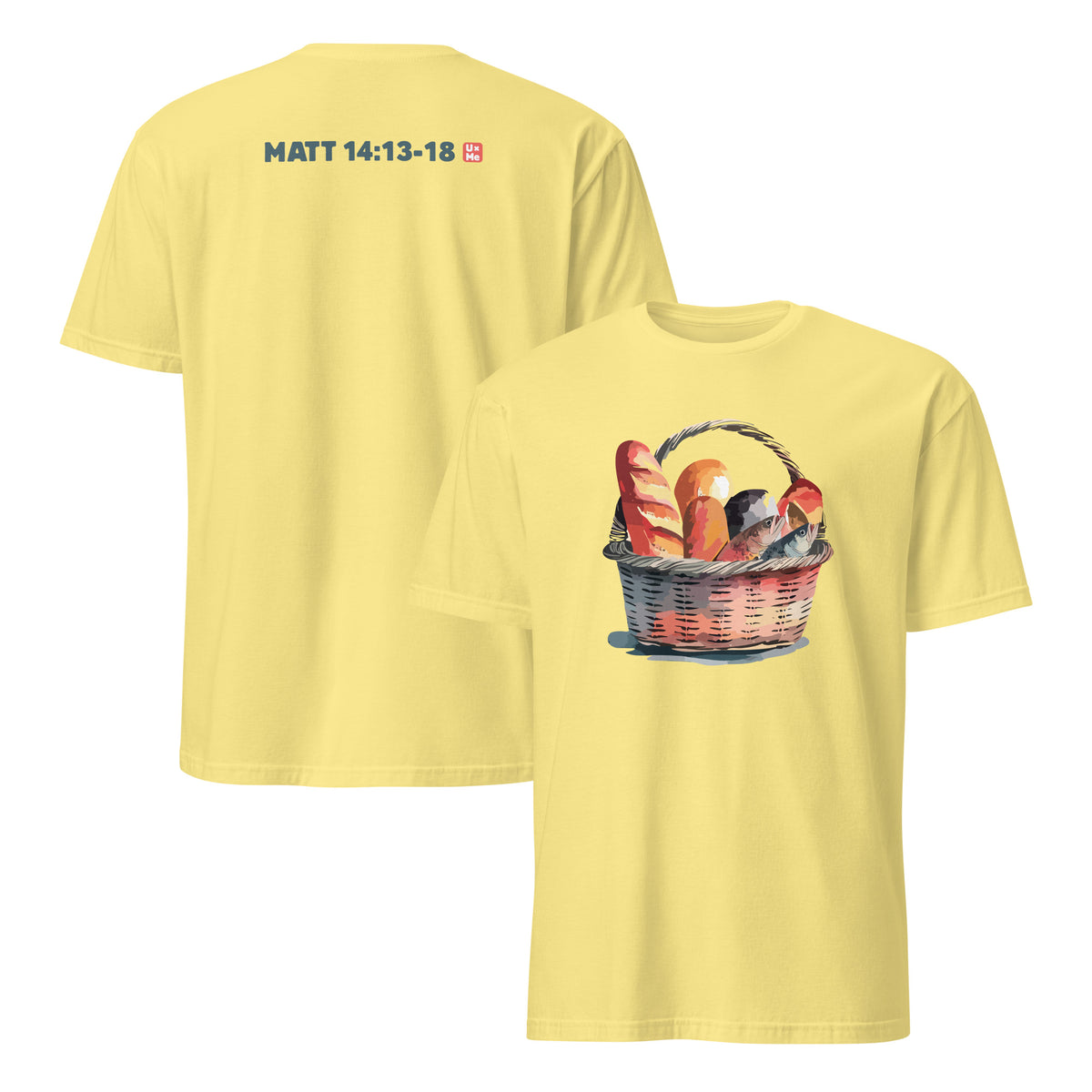 A pale yellow short-sleeve t-shirt shown from both front and back. The back features the text 'MATT 14:13-18' in dark blue with a small red cross icon.