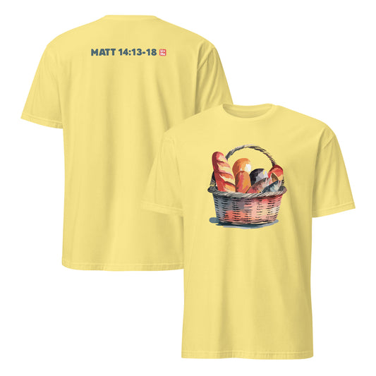 A pale yellow short-sleeve t-shirt shown from both front and back. The back features the text 'MATT 14:13-18' in dark blue with a small red cross icon.