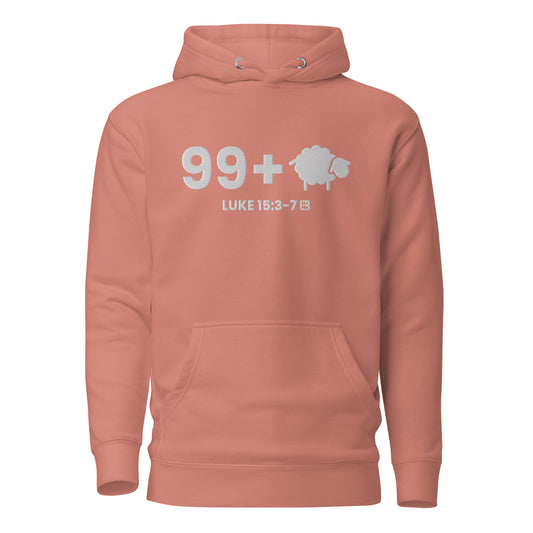 dusty rose pullover hoodie with a white graphic on the chest reading '99+' next to a sheep silhouette and 'LUKE 15:3-7' below it