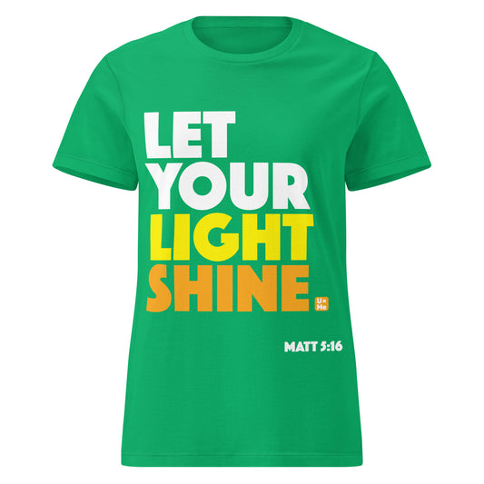 A bright green short-sleeve t-shirt with a bold graphic on the front reading 'LET YOUR LIGHT SHINE' in white, yellow, and orange block letters, with 'MATT 5:16' printed in small white text near the lower right.
