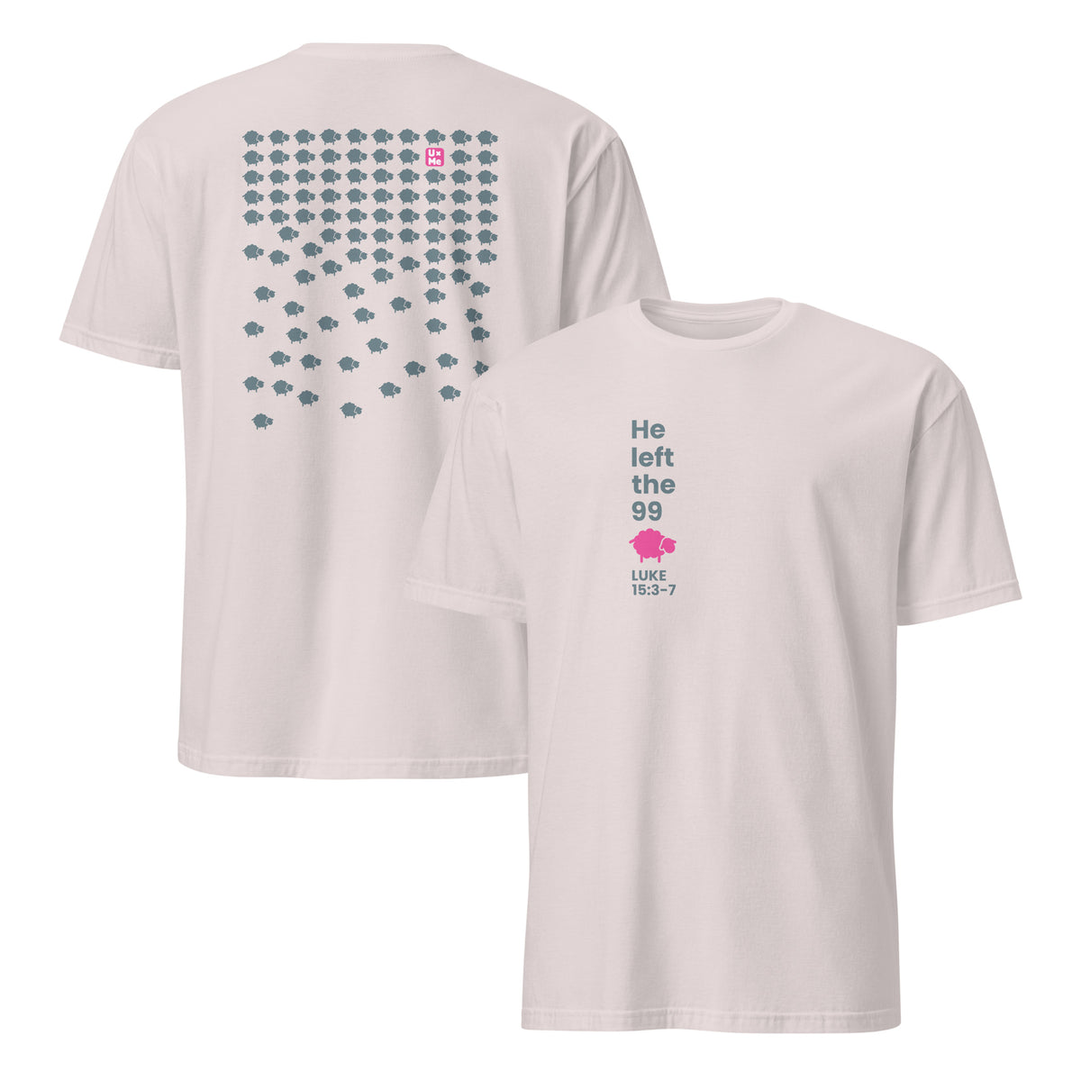 Two ice grey short-sleeve t-shirts shown on a plain white background, with the back view on the left and the front view on the right. The front says He left the 99 with a pink sheep icon. It also says Luke 15:3-7. The back has a large grid of small grey sheep icons with one pink sheep icon near the top.