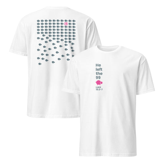 Two white short-sleeve t-shirts shown on a plain white background, with the back view on the left and the front view on the right. The front says He left the 99 with a pink sheep icon. It also says Luke 15:3-7. The back has a large grid of small grey sheep icons with one pink sheep icon near the top.
