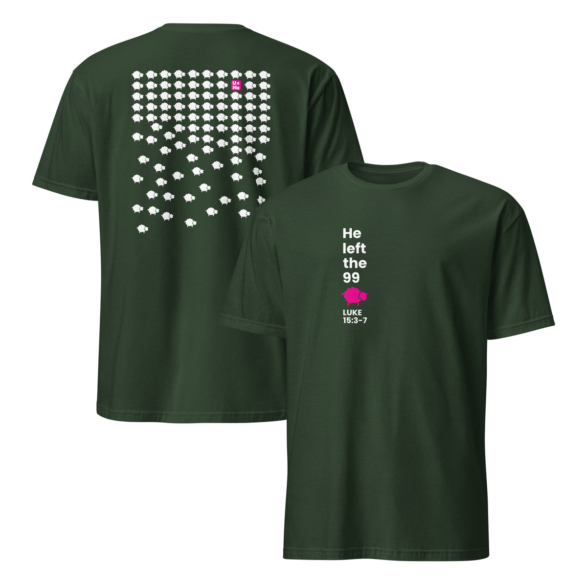 An olive green short-sleeve t-shirt shown from both front and back. The front features a small graphic print on the left chest, and the back features a large graphic of sheep icons and the logo in pink