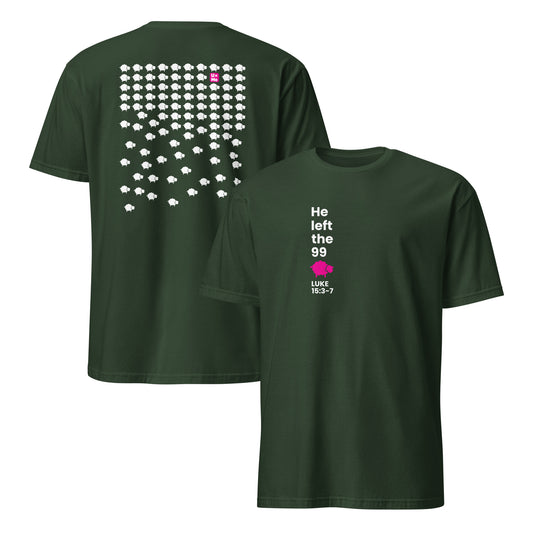 An olive green short-sleeve t-shirt shown from both front and back. The front features a small graphic print on the left chest, and the back features a large graphic of sheep icons and the logo in pink