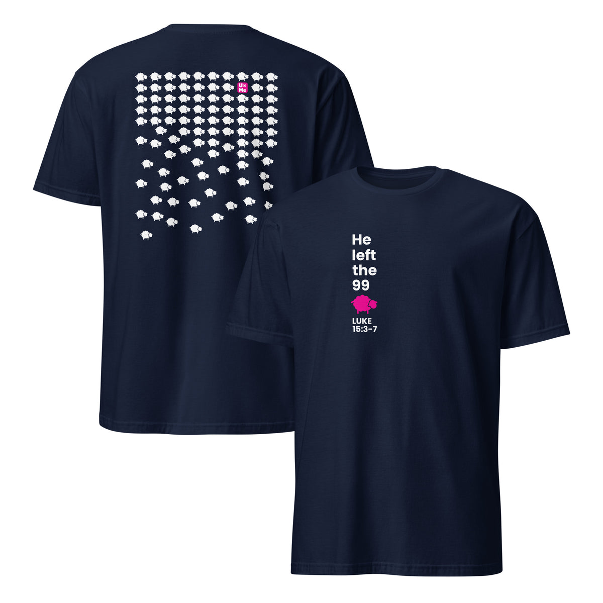 An navy short-sleeve t-shirt shown from both front and back. The front features a small graphic print on the left chest, and the back features a large graphic of sheep icons and the logo in pink