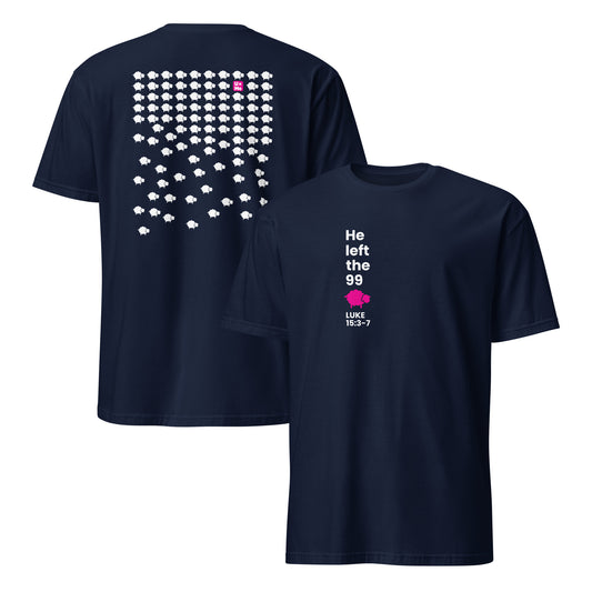 An navy short-sleeve t-shirt shown from both front and back. The front features a small graphic print on the left chest, and the back features a large graphic of sheep icons and the logo in pink