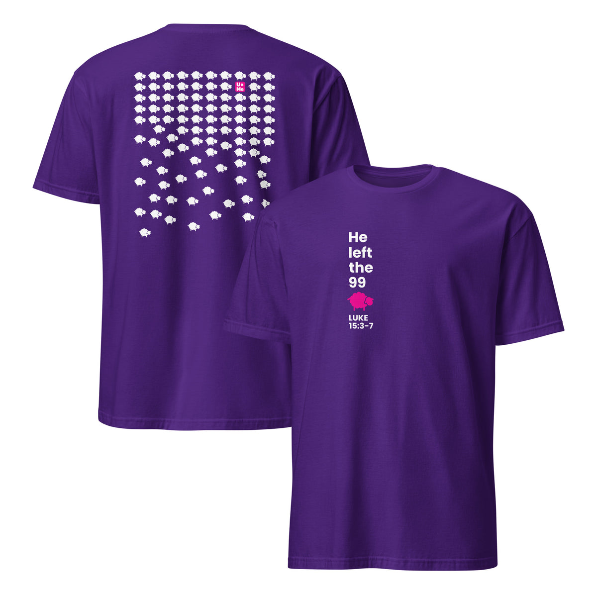 An purple short-sleeve t-shirt shown from both front and back. The front features a small graphic print on the left chest, and the back features a large graphic of sheep icons and the logo in pink