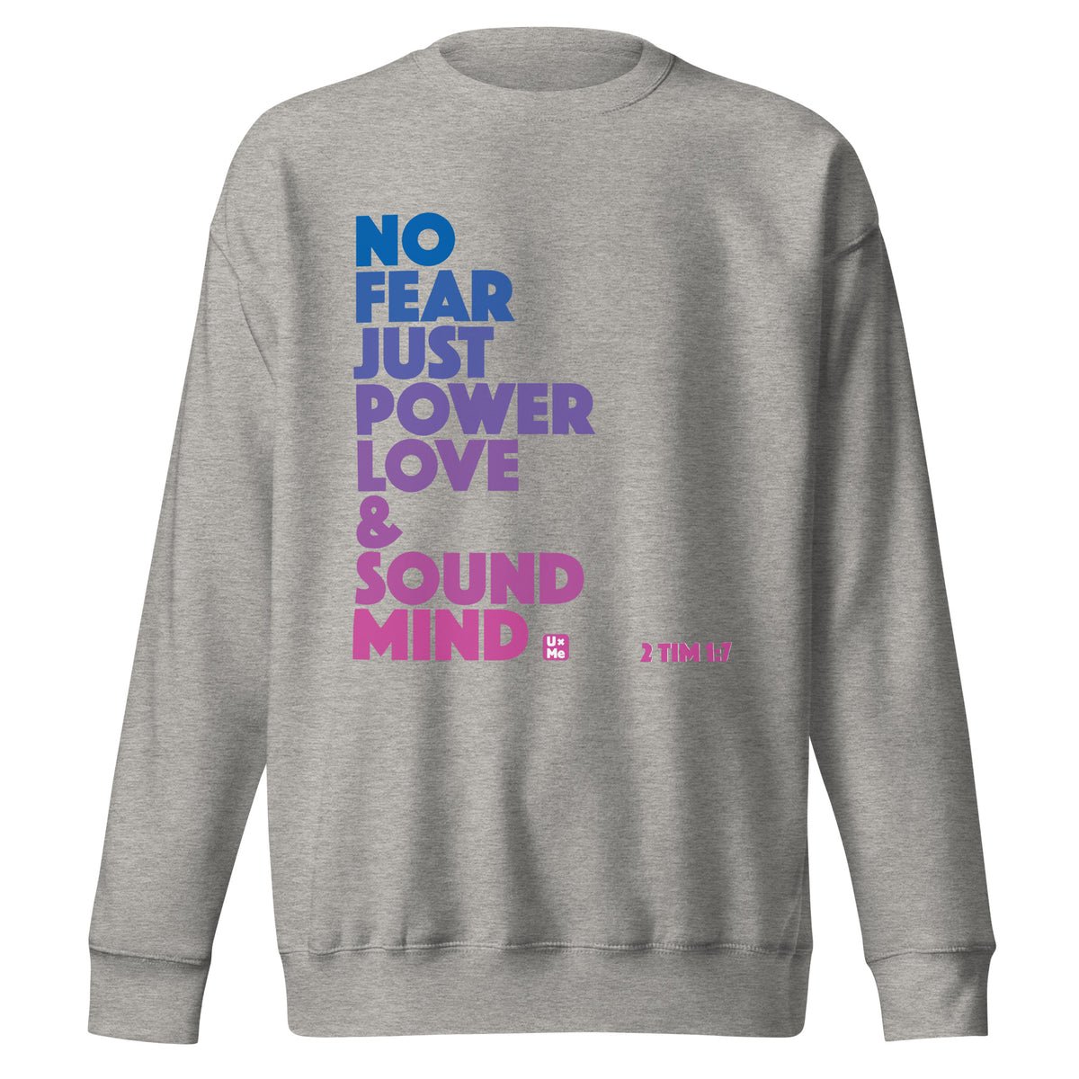 A grey crew neck sweatshirt featuring a stacked graphic text print on the front. The text reads 'NO FEAR JUST POWER LOVE & SOUND MIND' in a vertical gradient transitioning from blue to purple to pink.