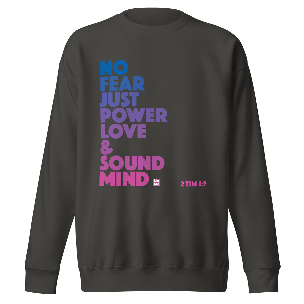 A dark charcoal grey crew neck sweatshirt featuring a stacked graphic text print on the front. The text reads 'NO FEAR JUST POWER LOVE & SOUND MIND' in a vertical gradient transitioning from blue to purple to pink.