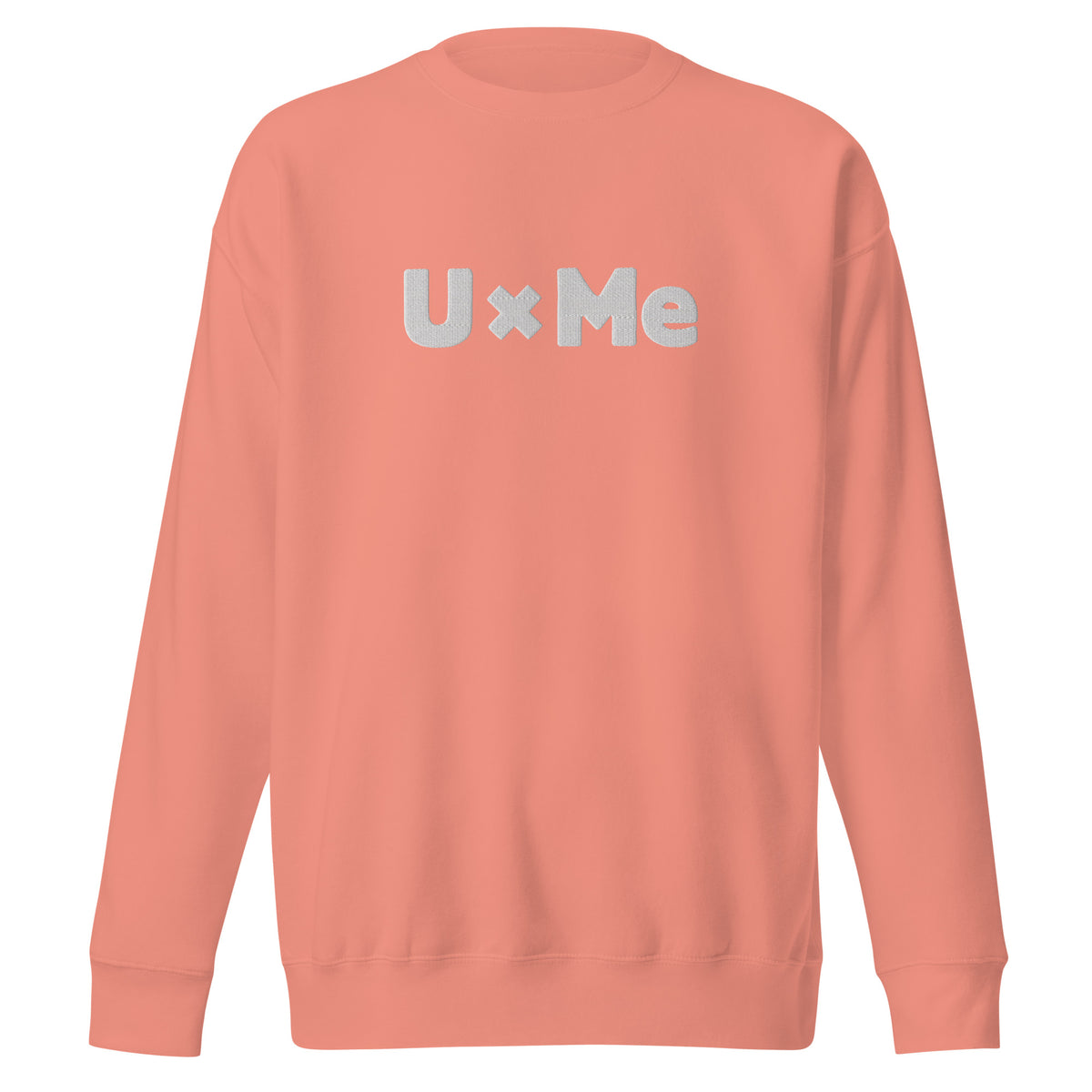 A dusty rose crew neck sweatshirt with the text 'UxMe' embroidered in bold white letters across the chest
