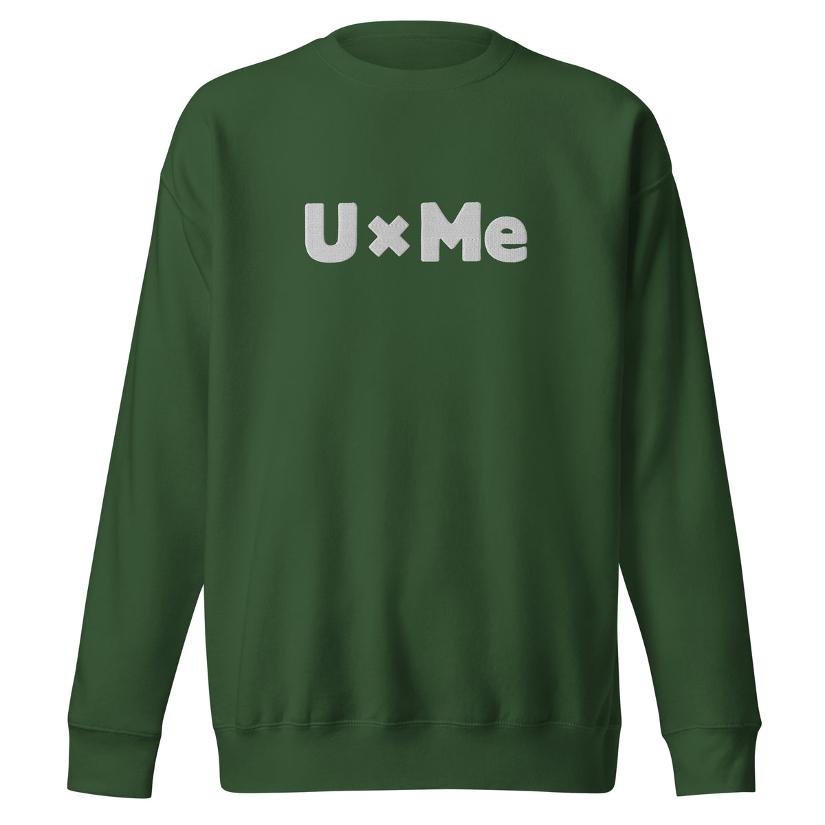 A forest green crew neck sweatshirt with the text 'UxMe' embroidered in bold white letters across the chest